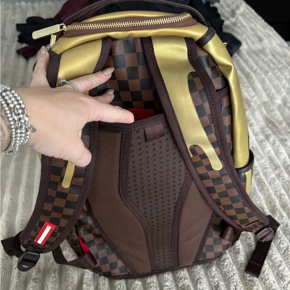 Sprayground Drip Checkered Backpack in Gold and Brown - Picture 7 of 9